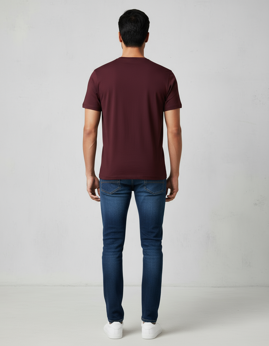 Back view of dark-toned Tamil Nadu model wearing maroon T-shirt with jeans