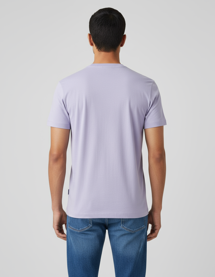 Back view of Indian model wearing lavender t-shirt