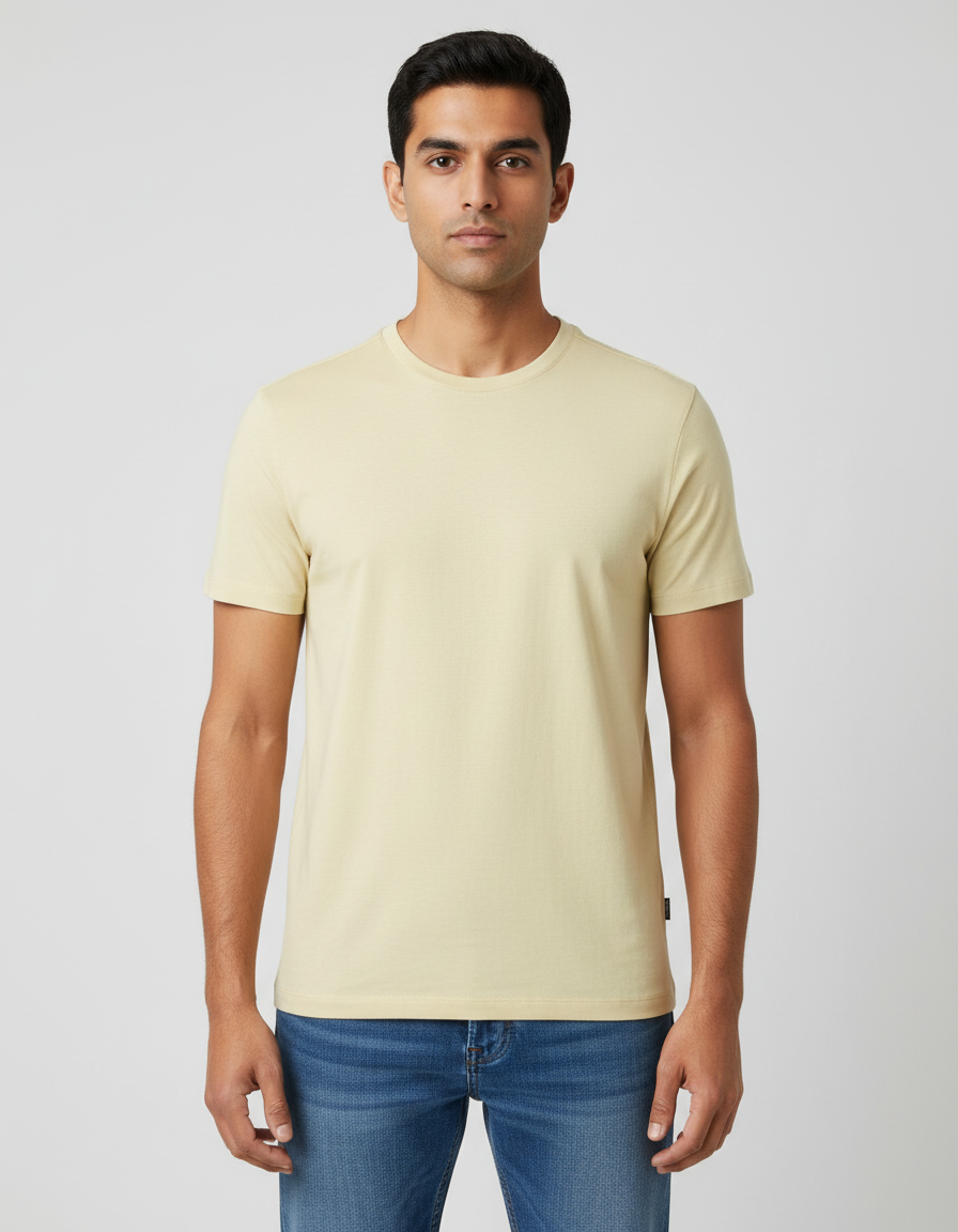 Ultra HD male model pale yellow t-shirt front - color matched