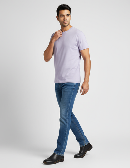 Indian model in walking pose with lavender t-shirt