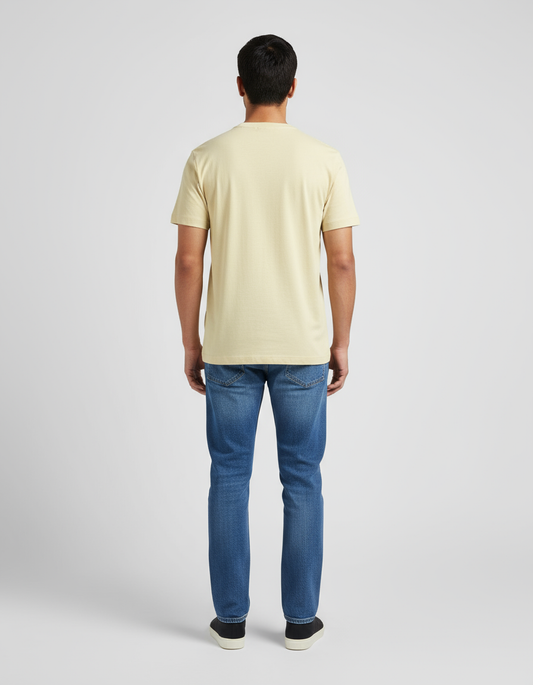 Ultra HD male model pale yellow t-shirt back - color matched